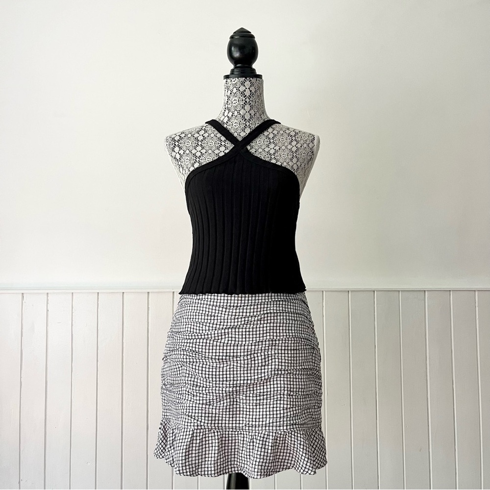 Abercrombie & Fitch Linen Blend Check Ruched Ruffled Mini Skirt Size M